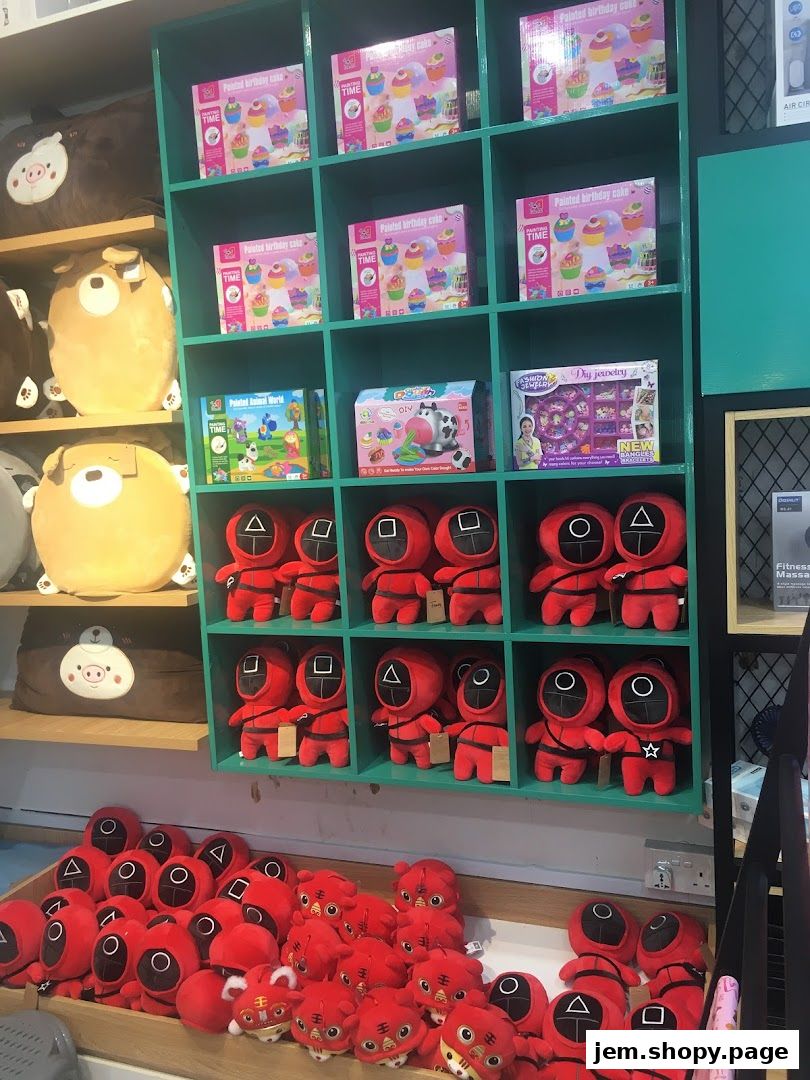 Shelves filled with plush toys, including character figures and animal-themed items.
