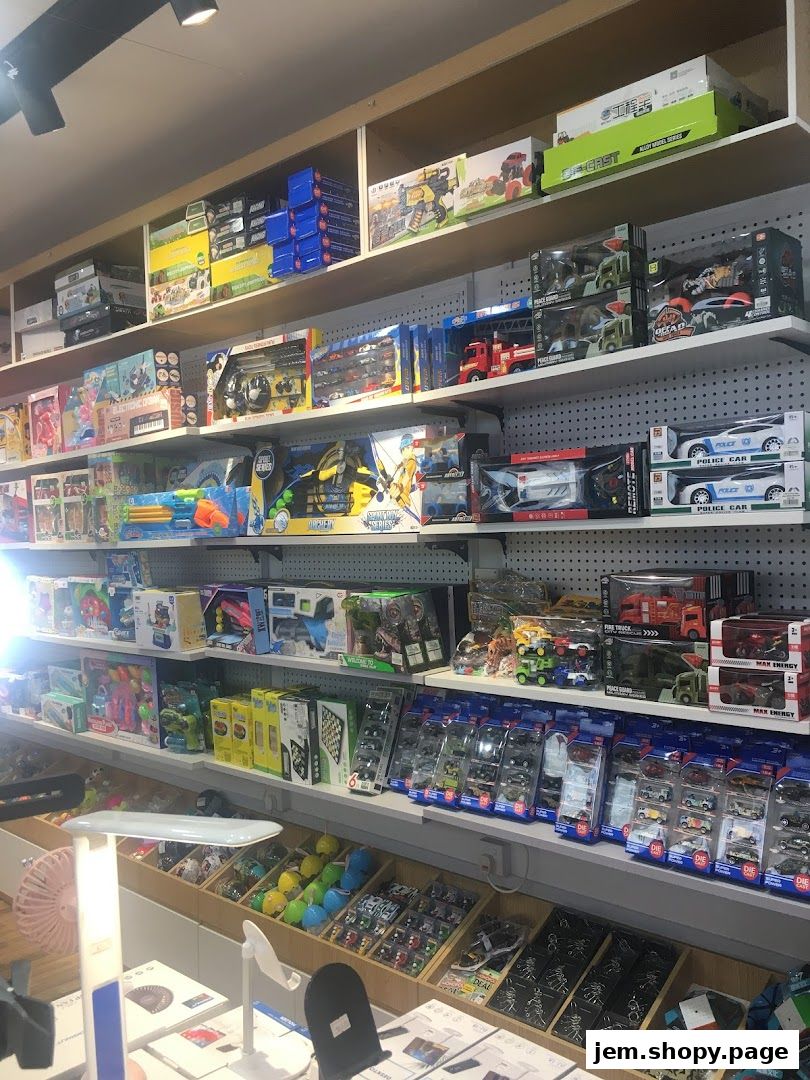 Shelves filled with various toys, including cars, trucks, and action figures.