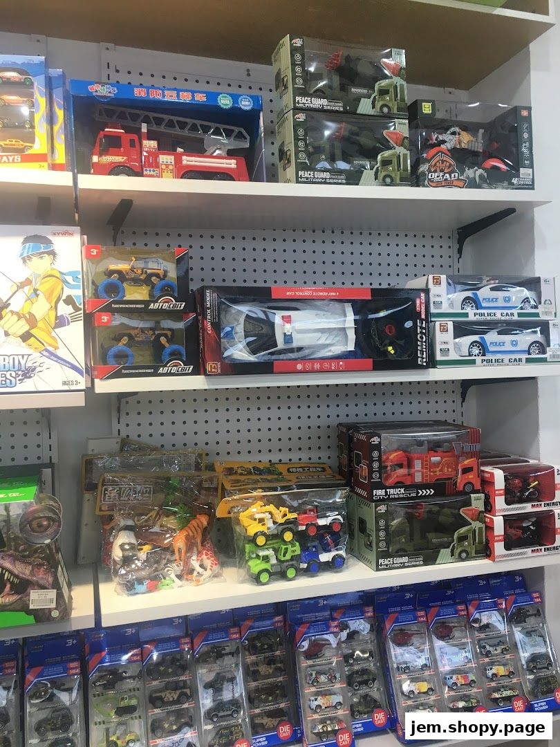 Shelves filled with various toy vehicles, including police cars, fire trucks, and military series.