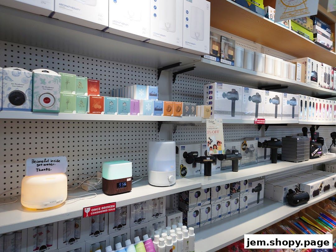 Shelves stocked with various gadgets, diffusers, and personal care items at Gadget Mix.