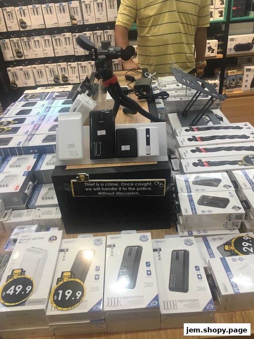A display of power banks and charging accessories at Gadget Mix.