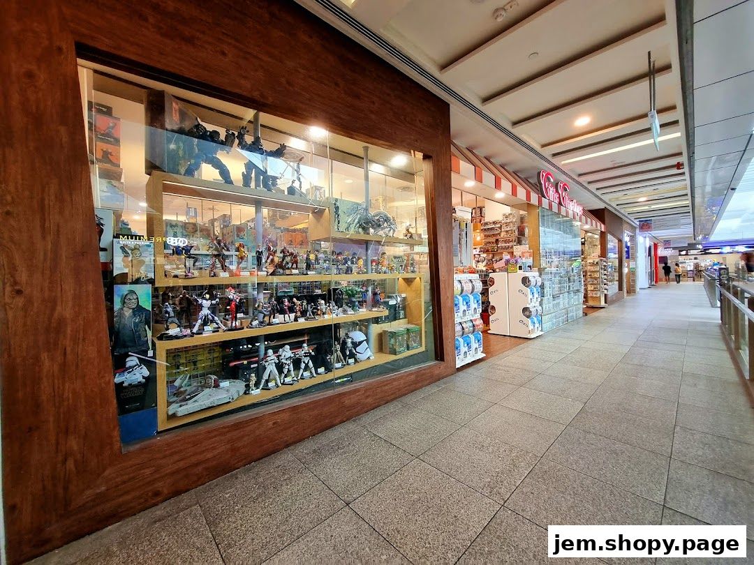 The exterior of a shop called Gifts Greetings, showcasing display shelves filled with action figures and collectibles.