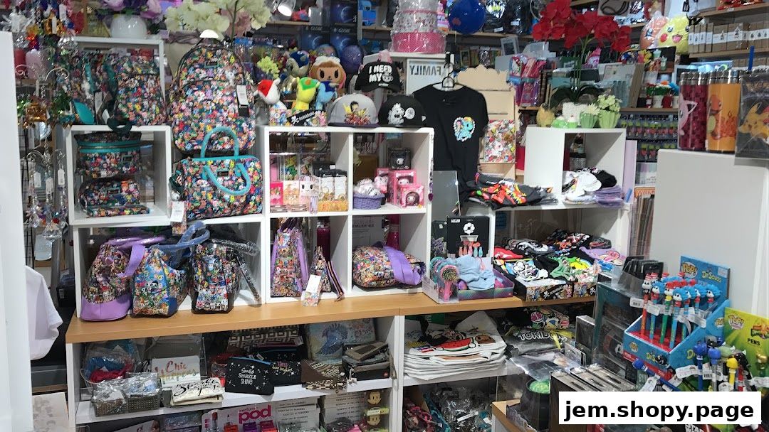 A retail shop interior filled with colorful bags, apparel, toys, and accessories.
