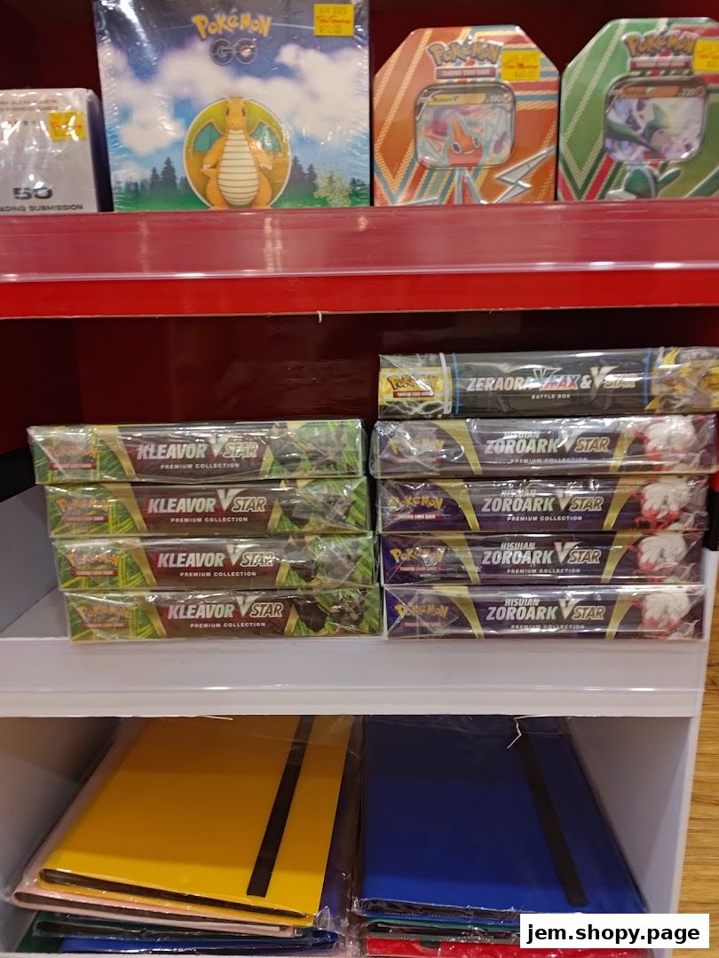 Shelves display various Pokémon trading card game products and binders.