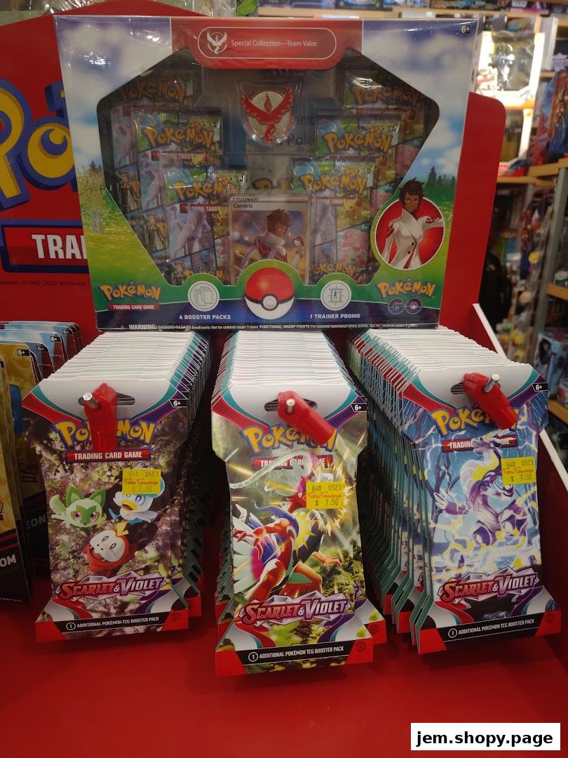 A display of Pokémon trading card game booster packs and a special collection box.