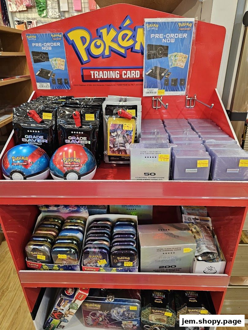A display of Pokemon trading cards, accessories, and collectibles in a retail store.