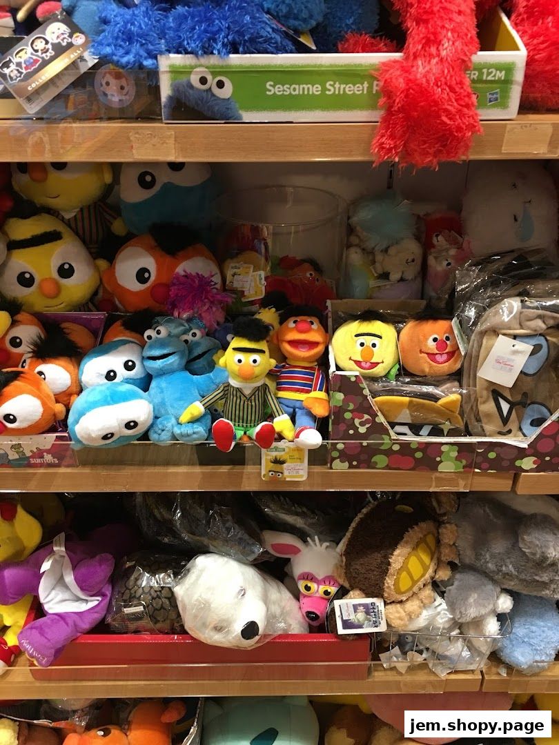 Shelves filled with Sesame Street and other plush toys, including characters like Elmo and Cookie Monster.