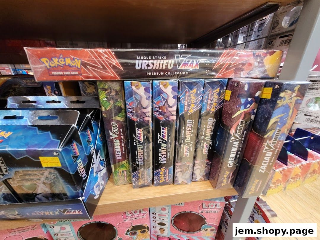 Shelves filled with various Pokemon trading card game collections and boxes.