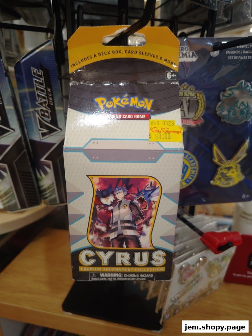 A Pokemon Cyrus Premium Tournament Collection box with a price tag from Gifts Greetings.
