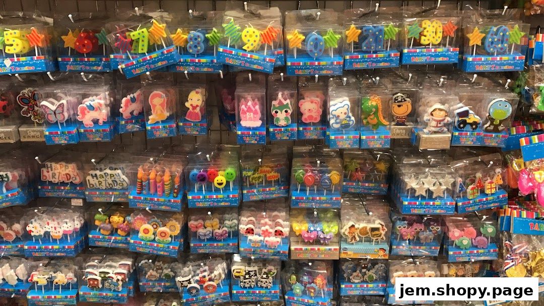 A wall display of various novelty party candles, including numbers, characters, and shapes.