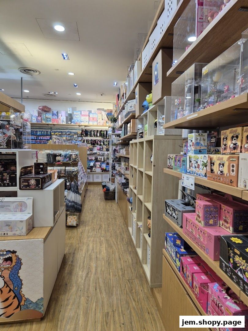 Interior view of a gift shop with shelves stocked with various collectible items and toys.