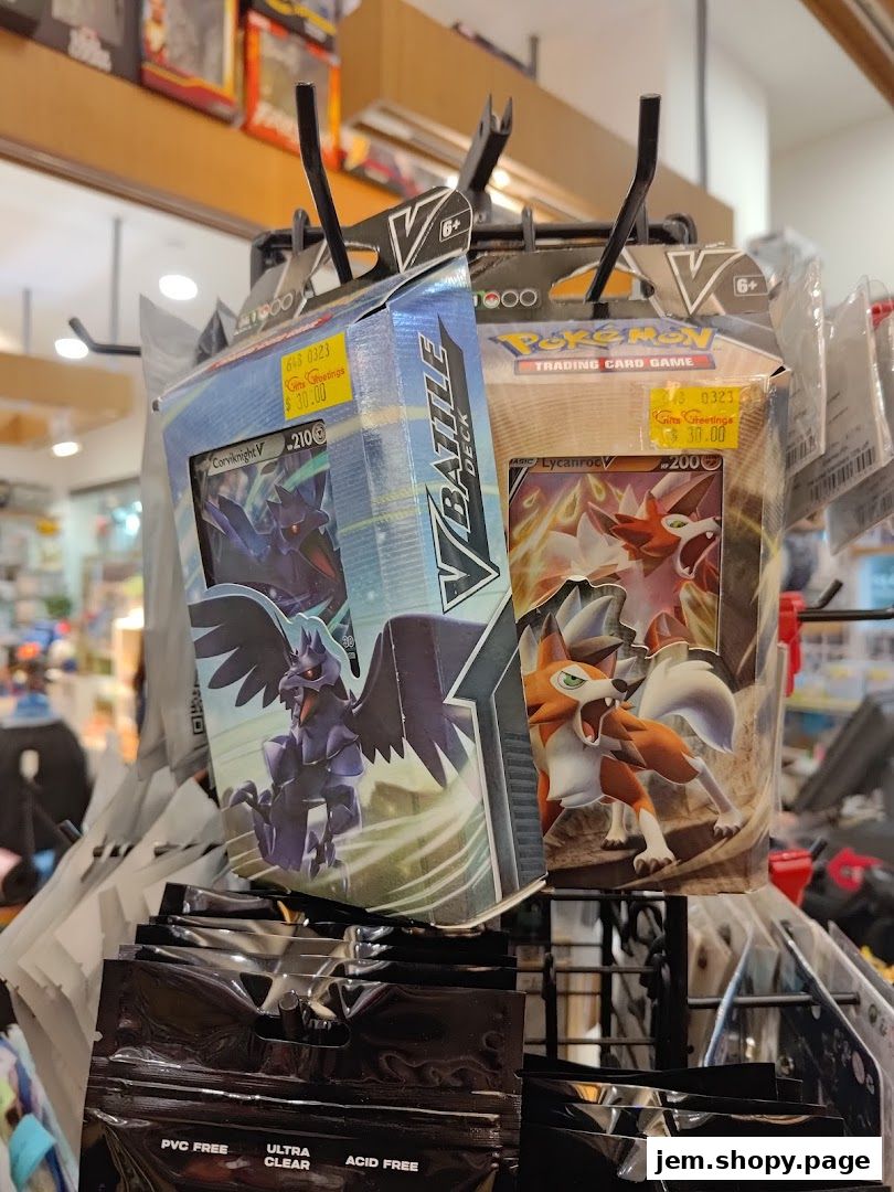 Close-up of Pokemon trading card game decks displayed in a retail store.