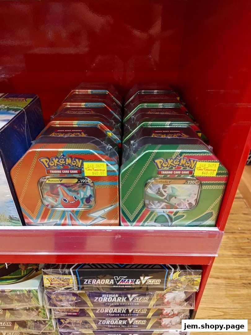 Shelves stocked with Pokemon trading card game tins and premium collection boxes.