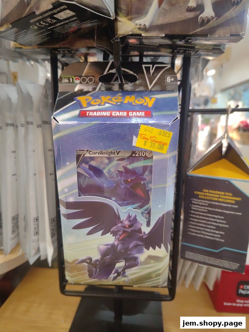 A Pokemon Trading Card Game box featuring Corviknight V is displayed.