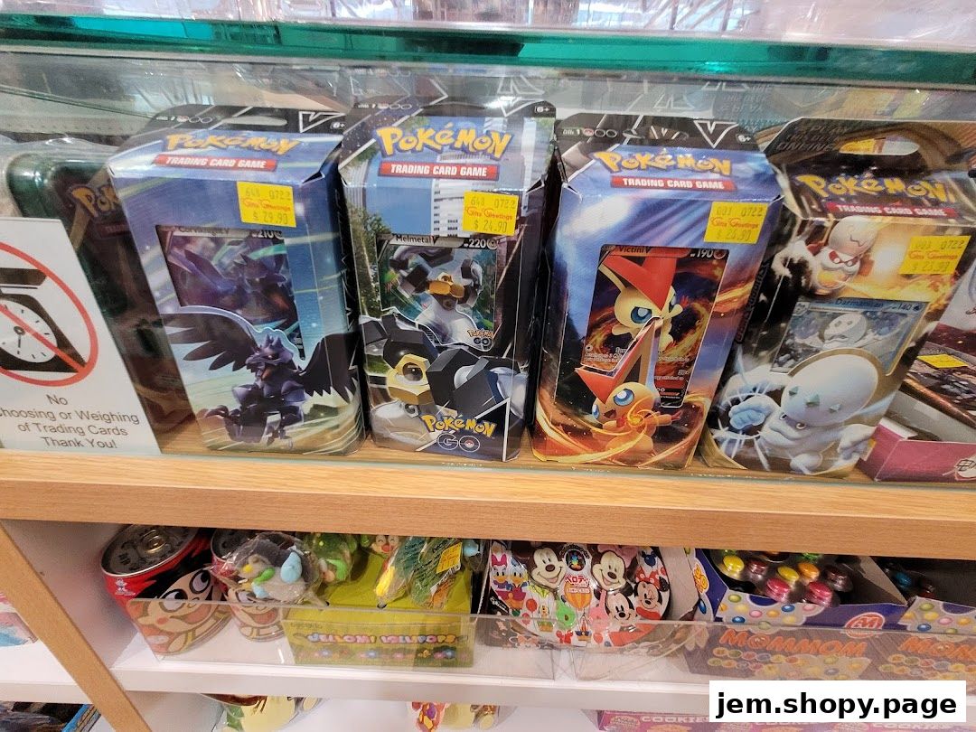 Pokemon trading card game boxes and other merchandise displayed on shelves.
