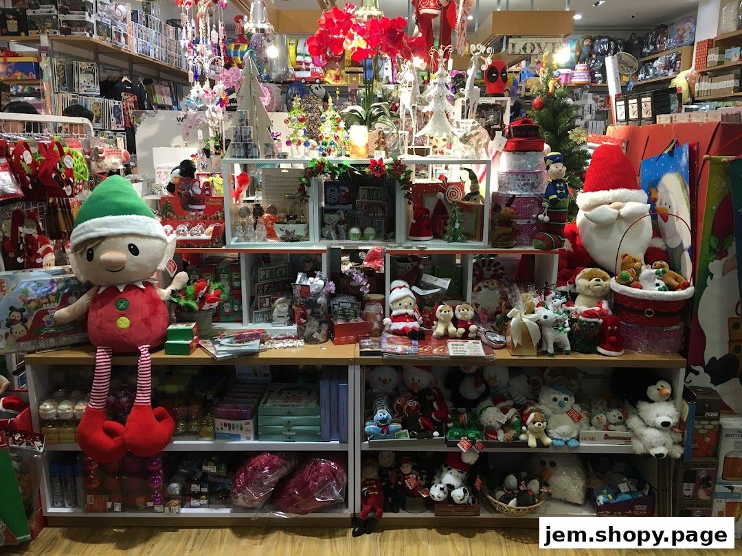 A festive shop interior filled with Christmas decorations and gifts, including plush toys and ornaments.