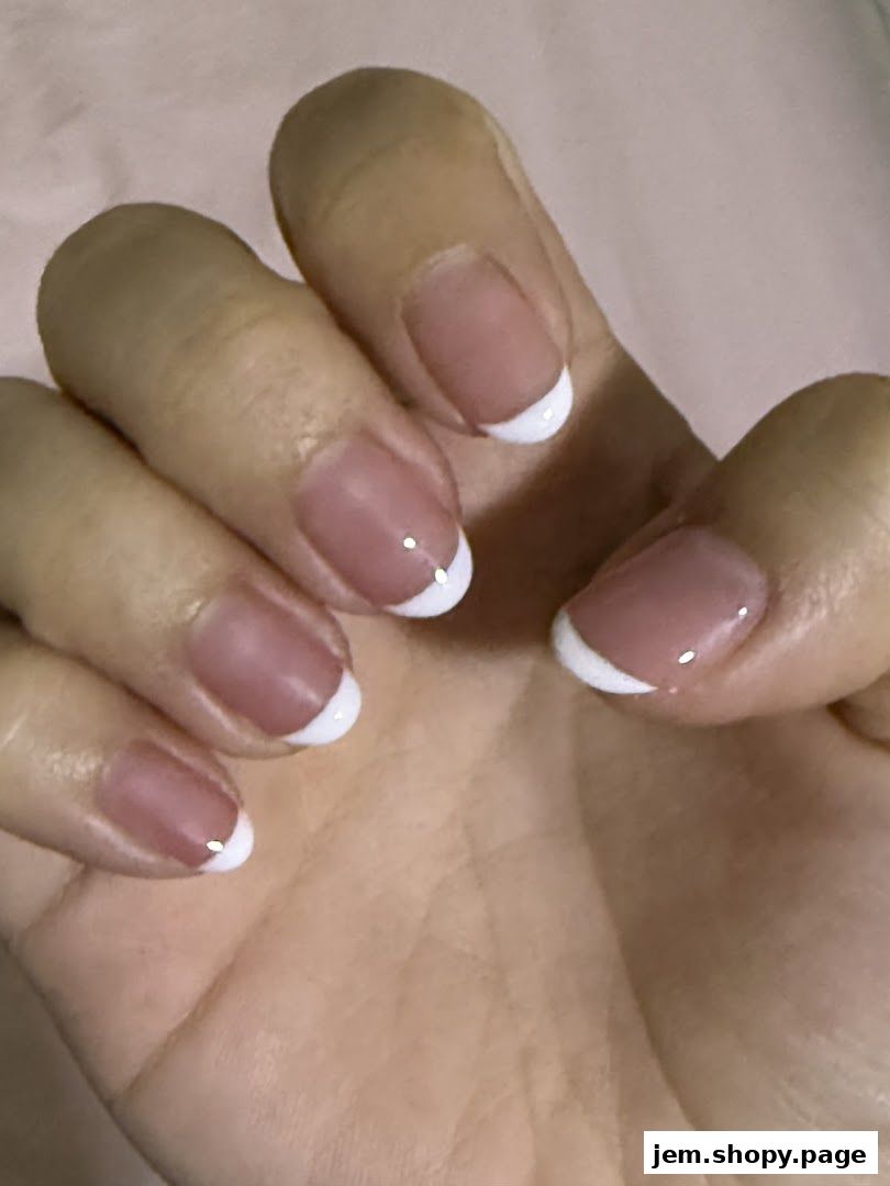 Close-up of a hand with perfectly manicured French tip nails and subtle white dots.