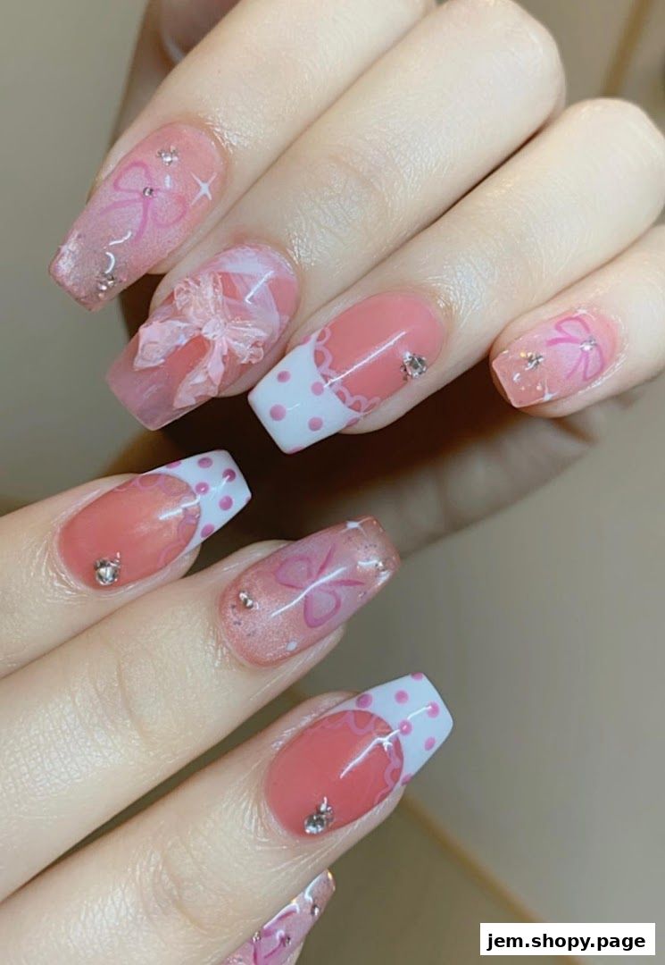 Close-up of hands with beautifully decorated pink and white nails featuring bows and gems.