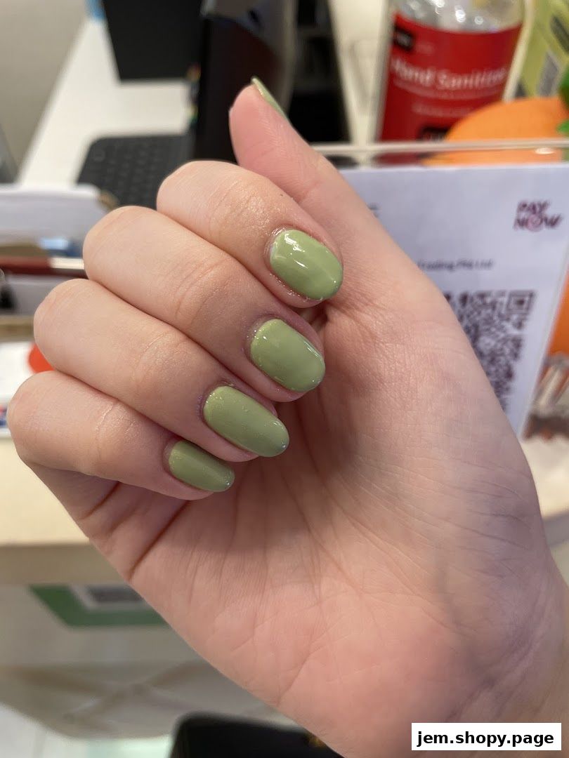 A close-up of a hand with neatly painted light green nails.