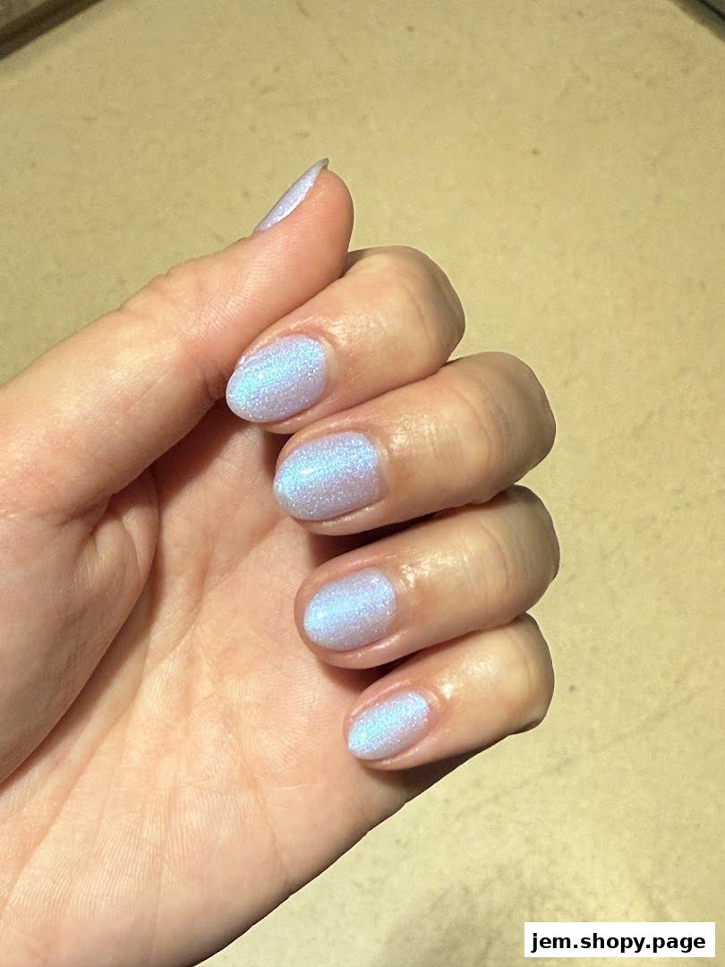 A hand with perfectly manicured nails painted in a shimmering pastel blue.