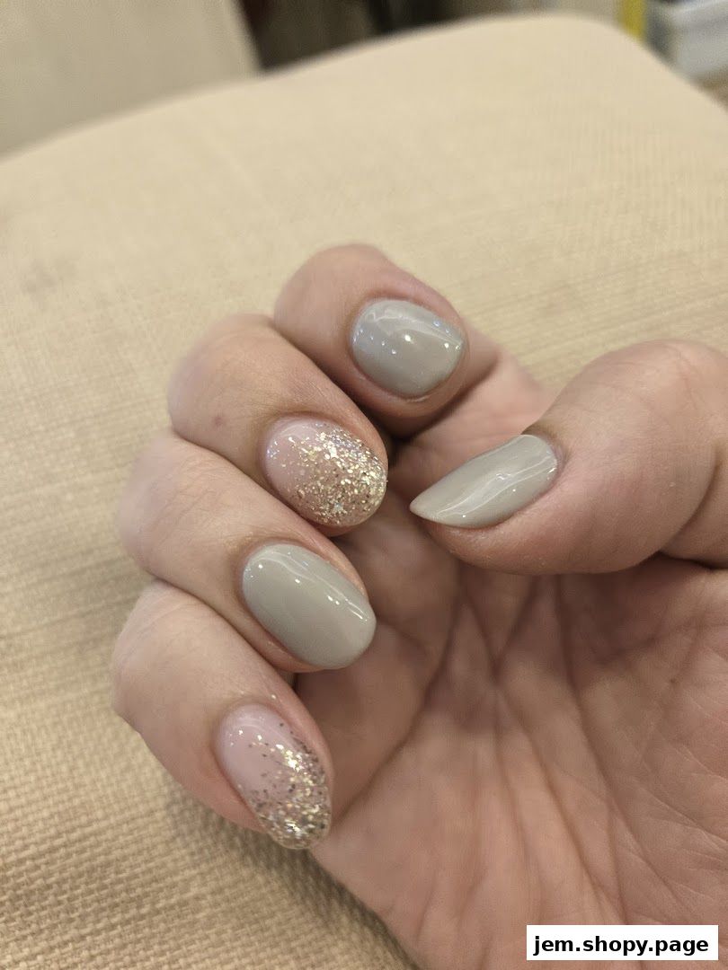 Close-up of a hand with elegant grey and glitter nail art.