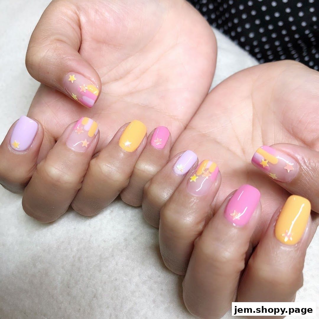 Close-up of hands with colorful pastel nails adorned with star embellishments.