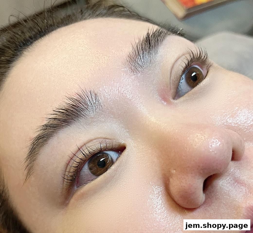 Close-up of a person's eyes and eyebrows with beautifully styled lashes.