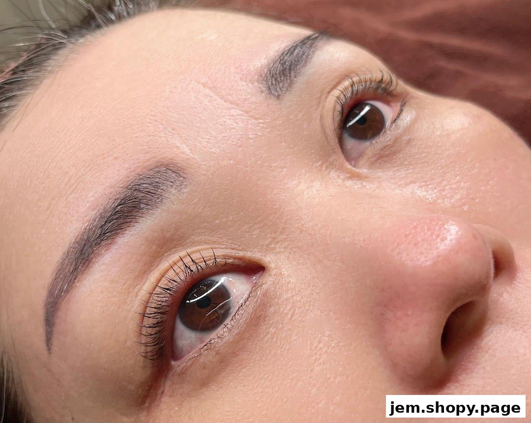 Close-up of a woman's eyes and eyebrows, showcasing beautifully enhanced lashes.