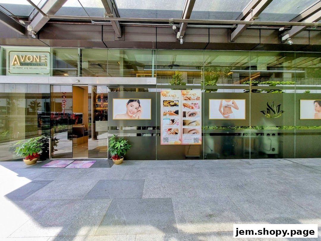 Exterior of Avon Beauty Secrets Aesthetic and Wellness Centre with promotional posters.