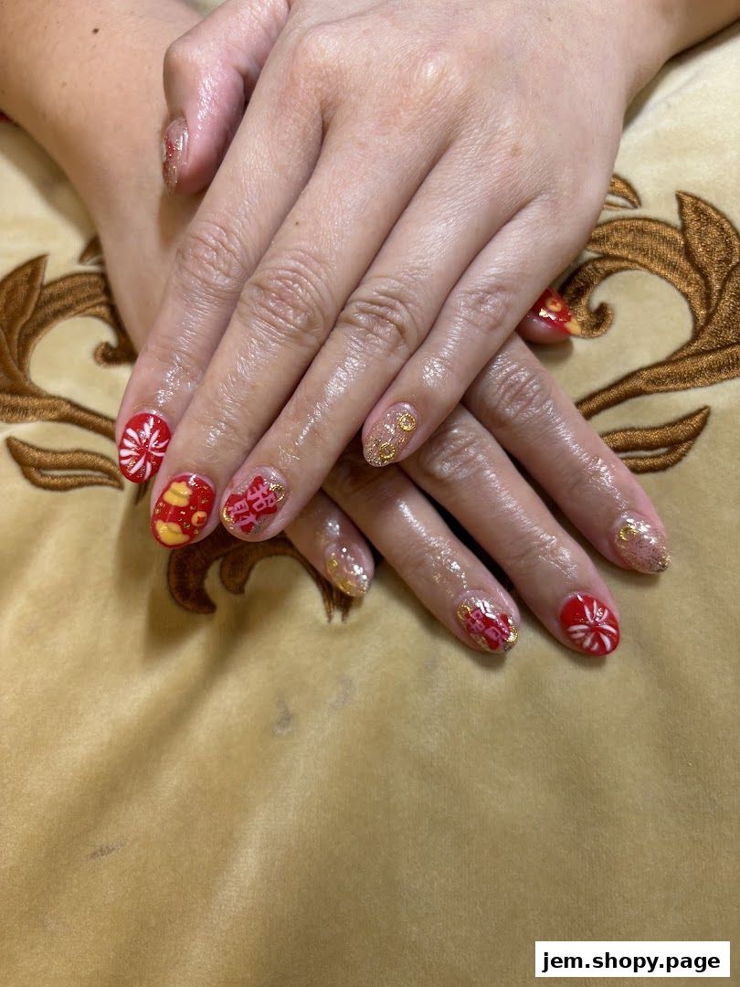 Close-up of hands with festive red and gold nail art, featuring intricate designs.