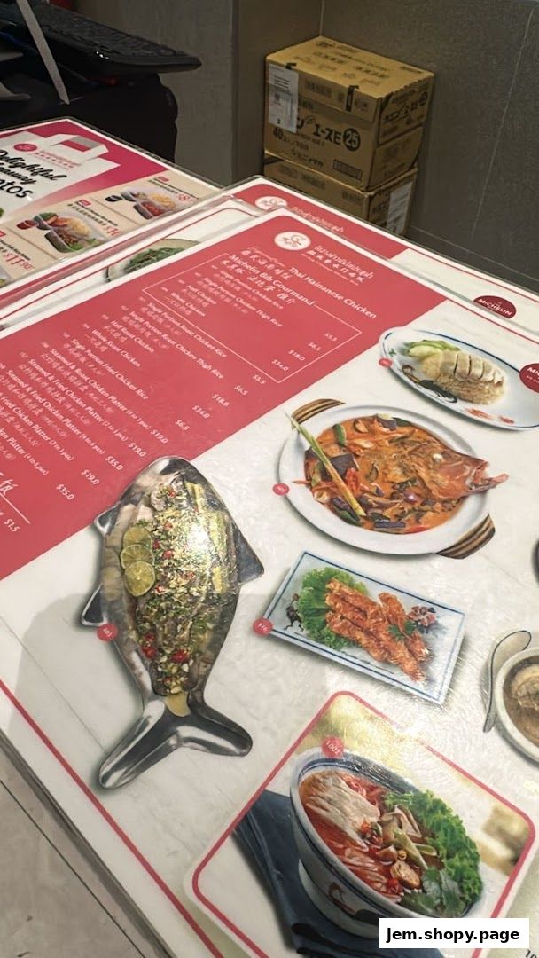 A menu from Go-Ang Pratunam Chicken Rice JEM featuring various chicken rice dishes and seafood.