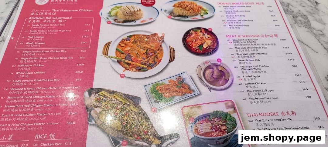 A menu from Go-Ang Pratunam Chicken Rice featuring various chicken dishes, seafood, soups, and noodles.