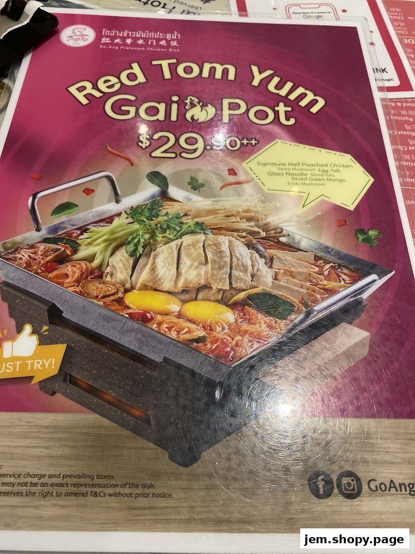 A menu featuring the Red Tom Yum Gai Pot for $29.90++.