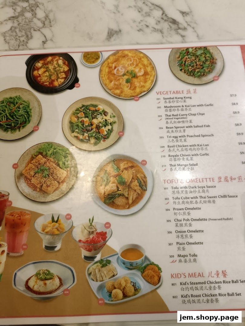 A menu featuring various vegetable, tofu, omelette, and kid's meal options with prices.