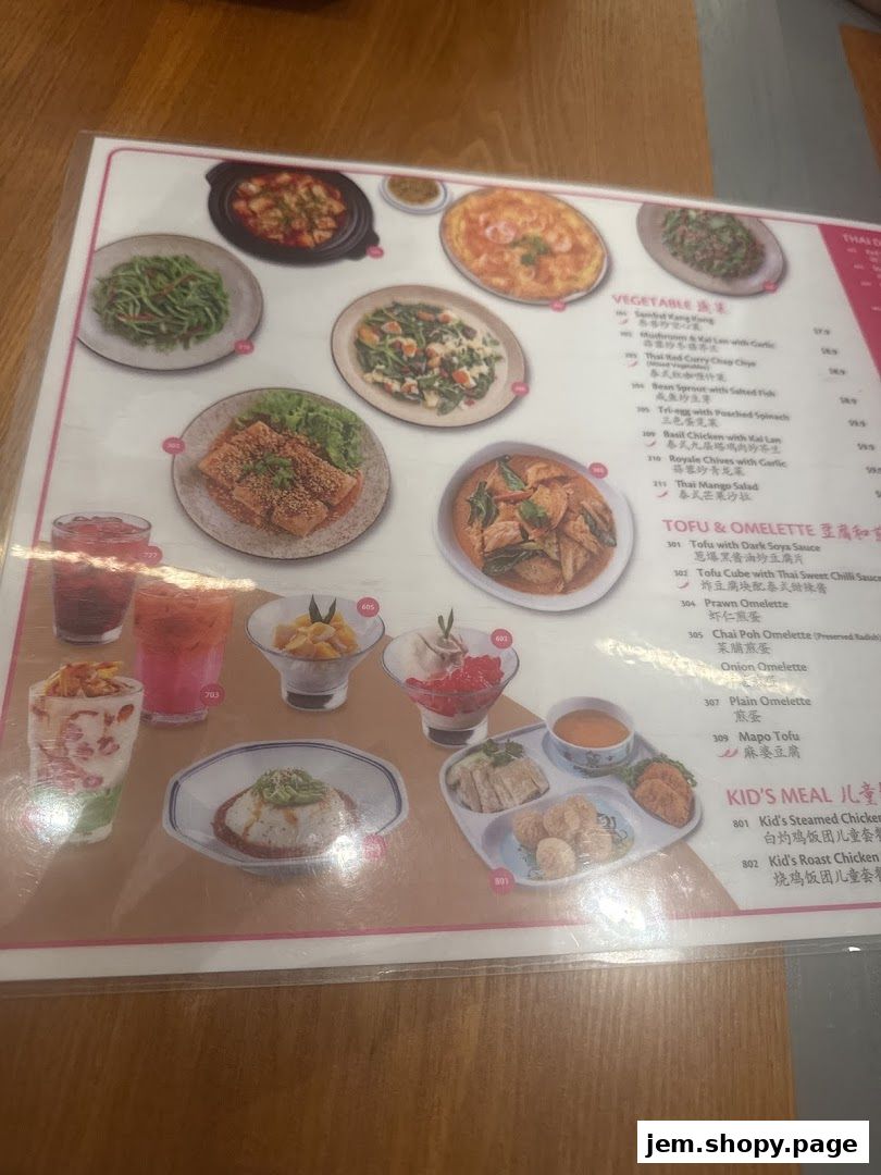A menu page displaying various Thai dishes, tofu options, omelettes, and kids' meals with images and prices.