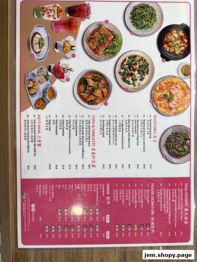 A menu for Go-Ang Pratunam Chicken Rice featuring Thai dishes, drinks, and kid's meals.
