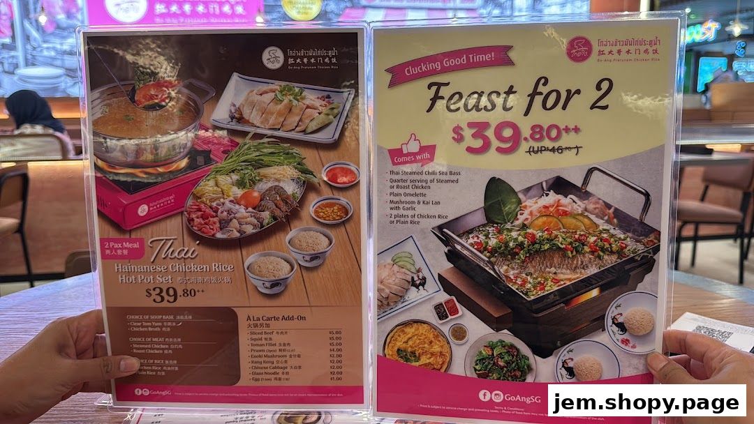 A menu displaying Hainanese Chicken Rice Hot Pot Set and a Feast for 2 meal.