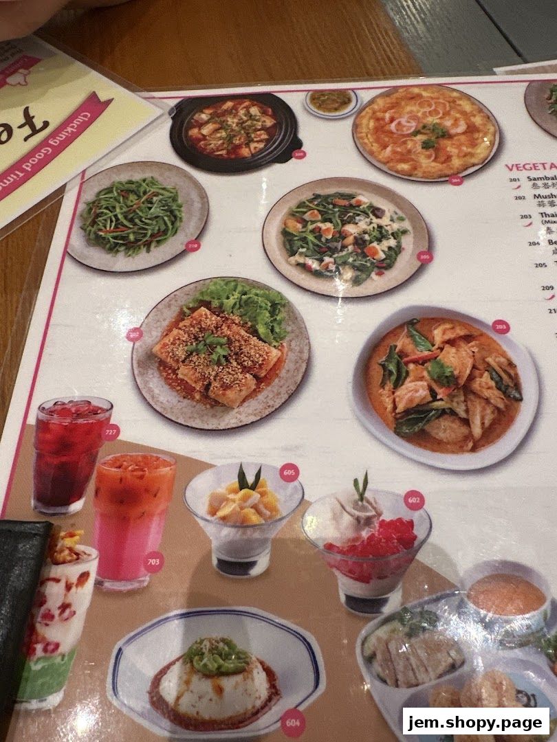 A close-up of a menu featuring various dishes and drinks, including desserts.