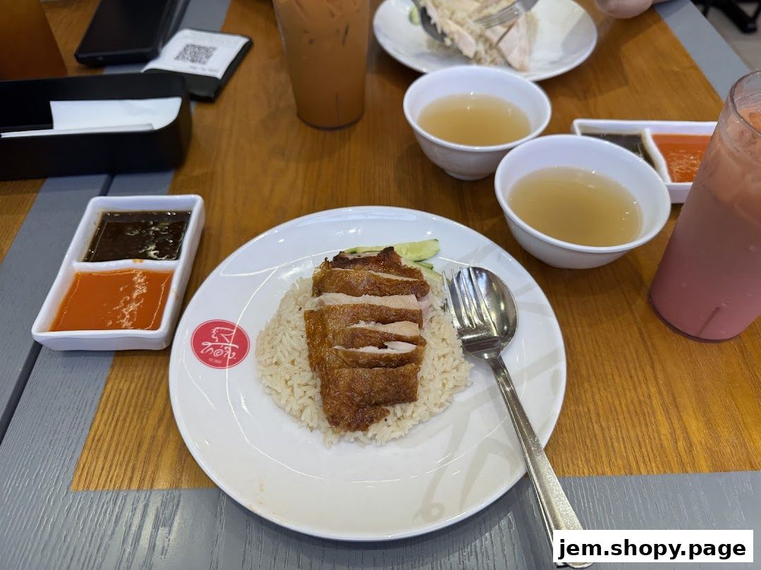 A plate of delicious chicken rice with dipping sauces and drinks on a wooden table.