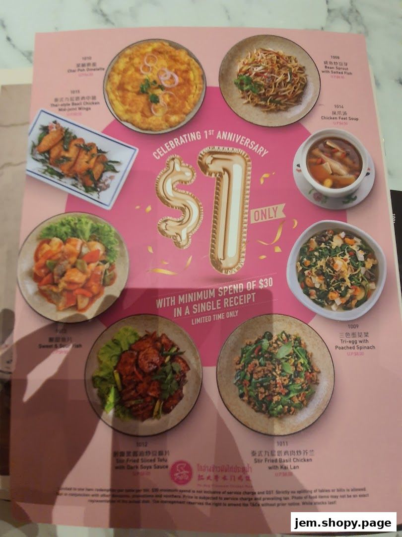 A menu showcasing various Thai dishes with prices and a special anniversary offer.