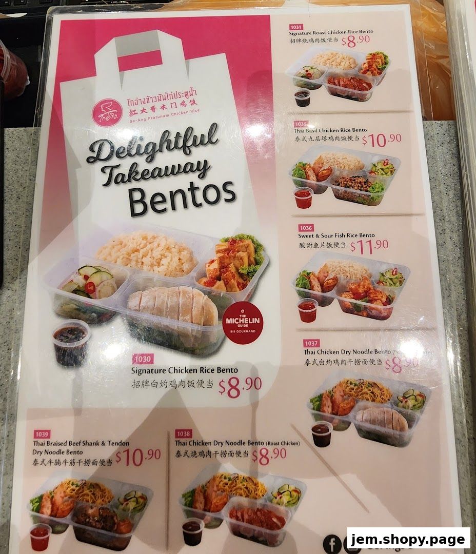 A menu showcasing various takeaway bento boxes from Go-Ang Pratunam Chicken Rice.