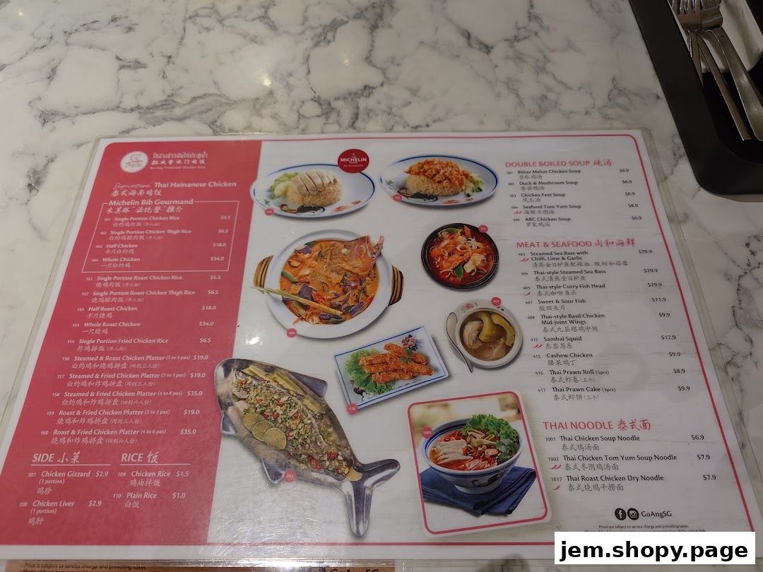 A menu for Go-Ang Pratunam Chicken Rice featuring various chicken dishes, soups, seafood, and noodles.