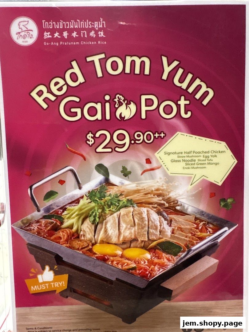 A promotional image for Go-Ang Pratunam Chicken Rice's Red Tom Yum Gai Pot.