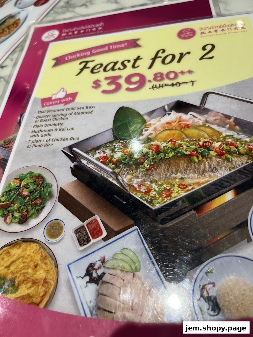 A menu featuring a 'Feast for 2' with Thai Steamed Chilli Sea Bass and chicken rice.