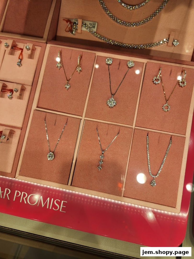 A display of diamond necklaces and earrings in a jewelry store.