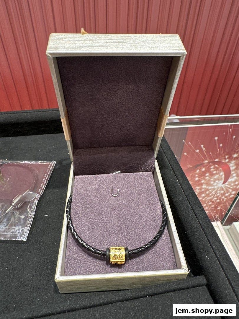 A gold pendant necklace with a braided leather cord in a display box.