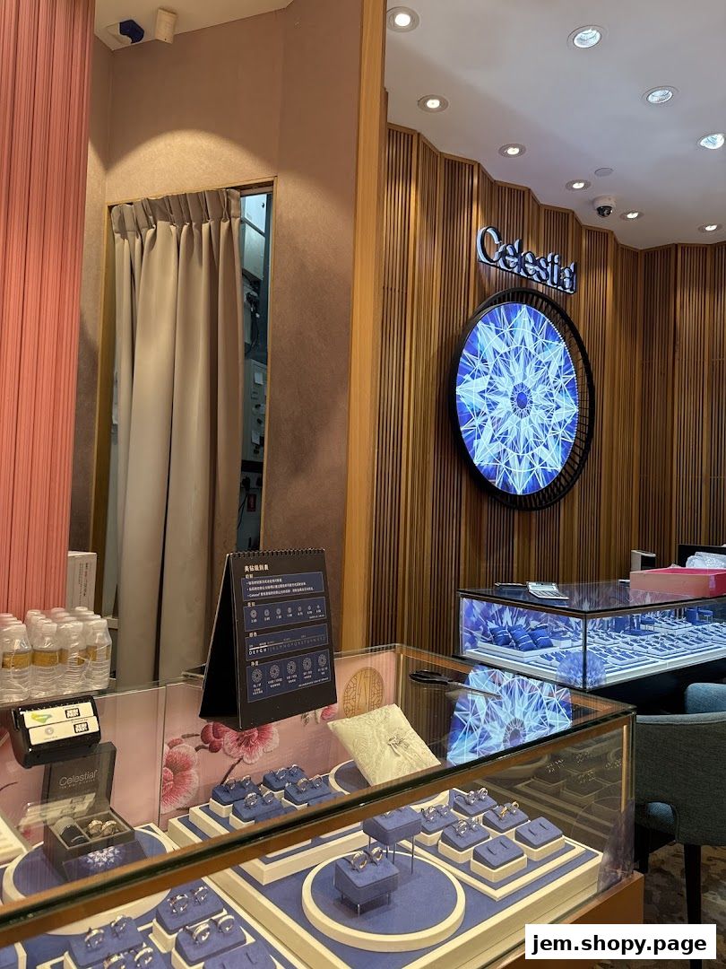Interior view of a jewelry store with display cases filled with rings and a large circular display.