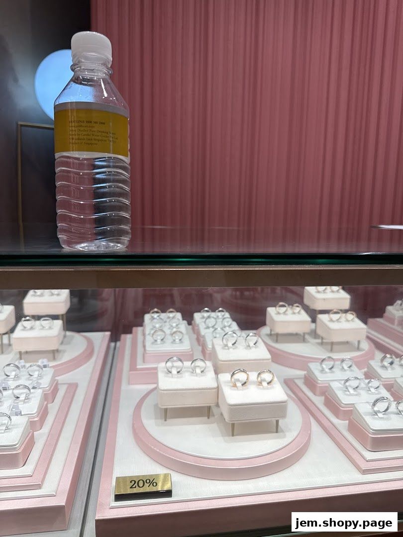 A display case filled with rings, with a bottle of water in the foreground.