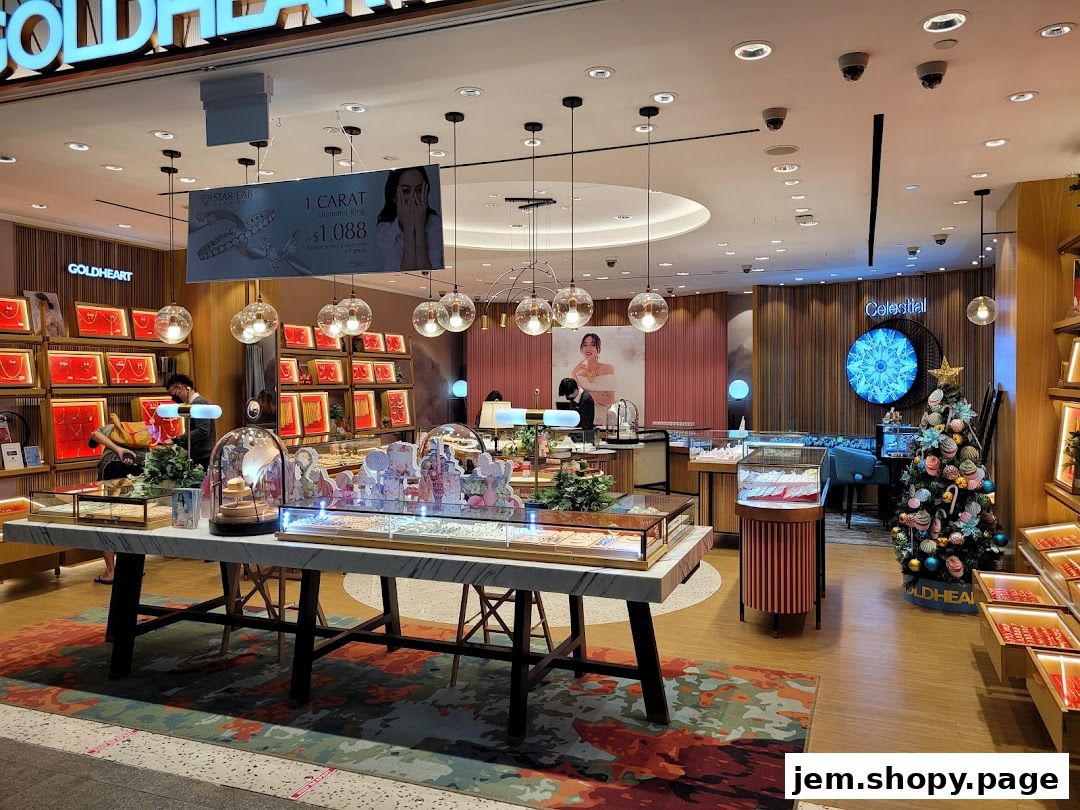 Interior view of a Goldheart Jewelry store showcasing displays of jewelry and a Christmas tree.
