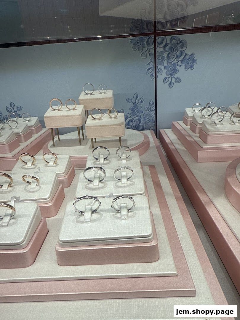 A display case filled with various rings, showcasing elegant designs in gold and silver.